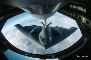 A B-2 stealth bomber refuels.